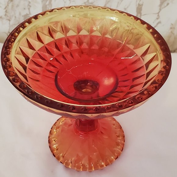 Vtg/MCM/Retro yellow/red Ambrosia Glass Pedestal Candy Dish - Picture 1 of 6